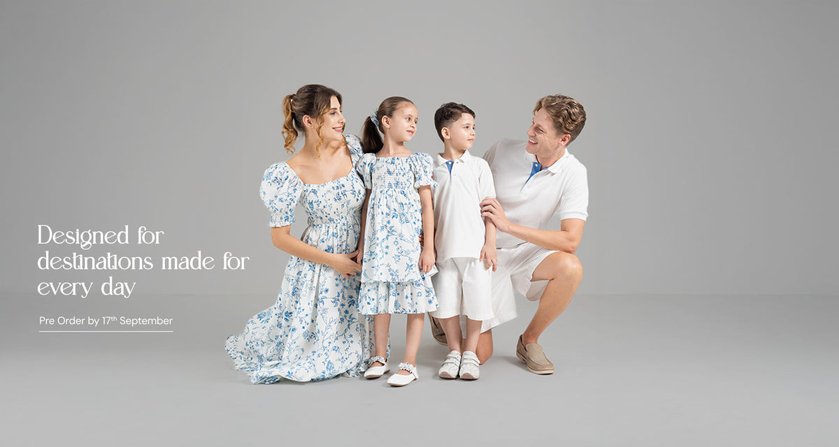 Family of four in matching outfits